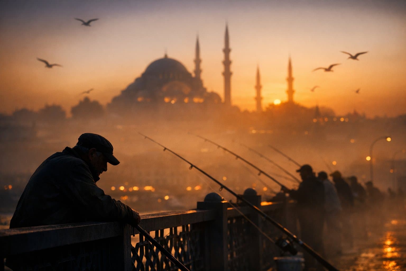 A cinematic silhouette shot of local fishermen lining the Ga...