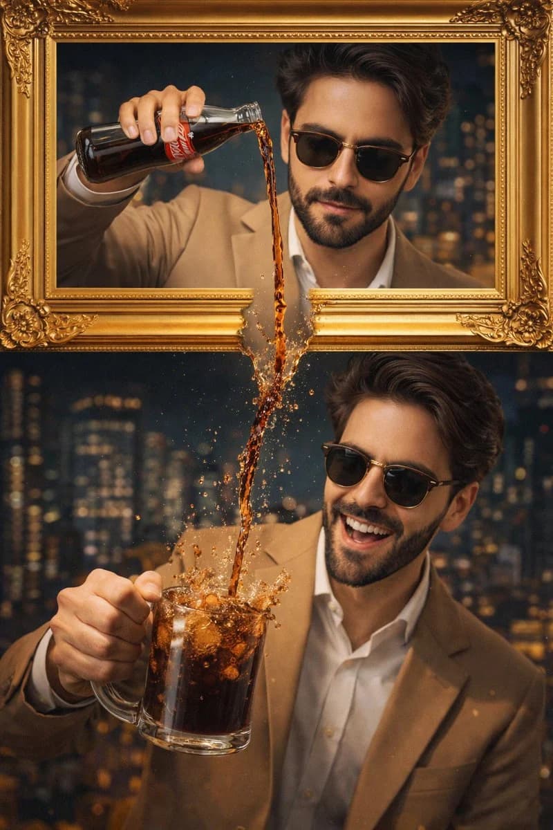 A stylish man wearing a tan suit and sunglasses is featured ...