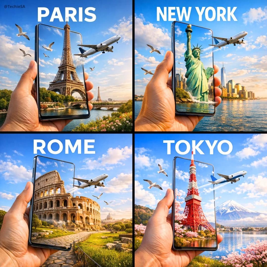 A hyper-realistic travel advertisement in square format (108...