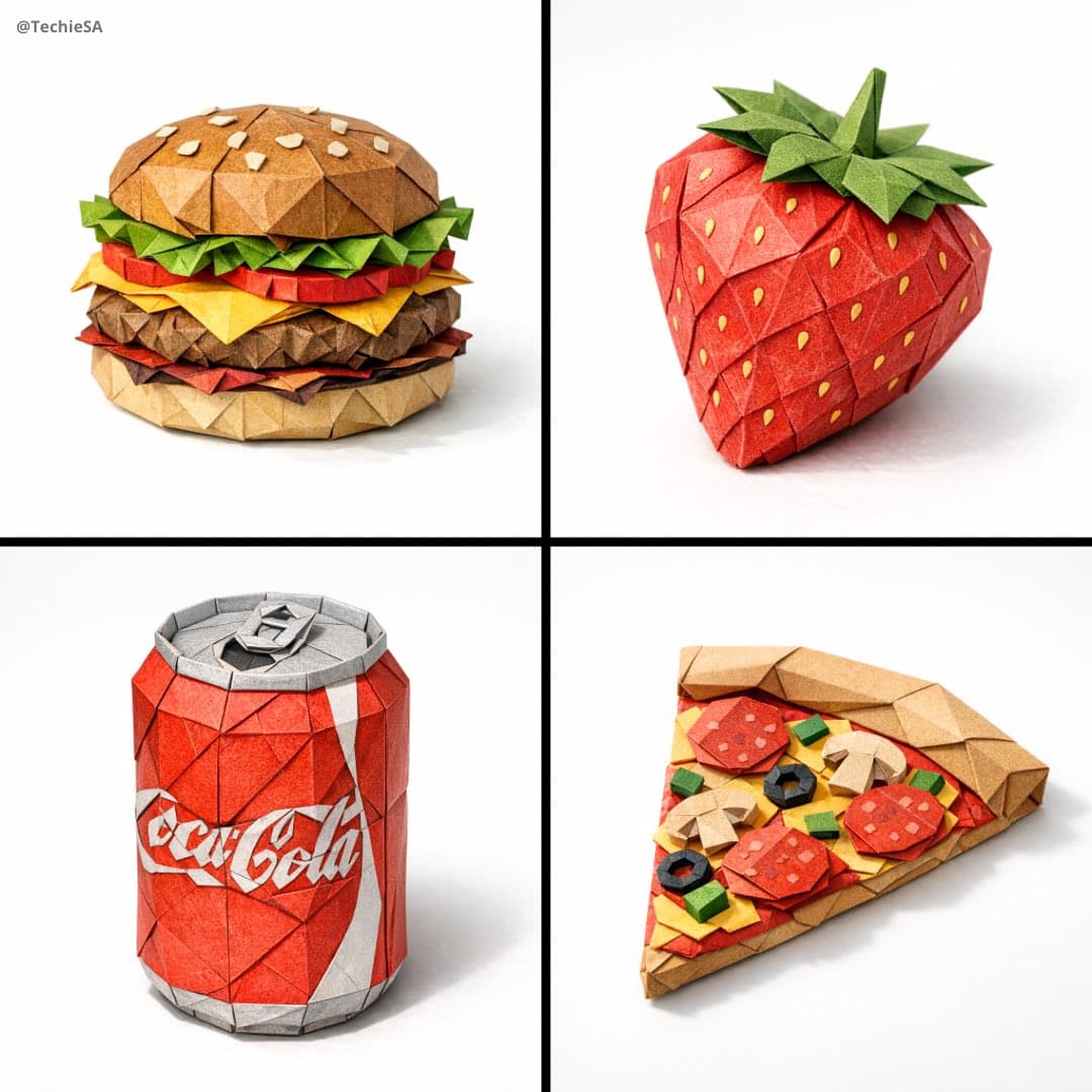 A hyper-detailed origami [FOOD ITEM] folded from realistic c...