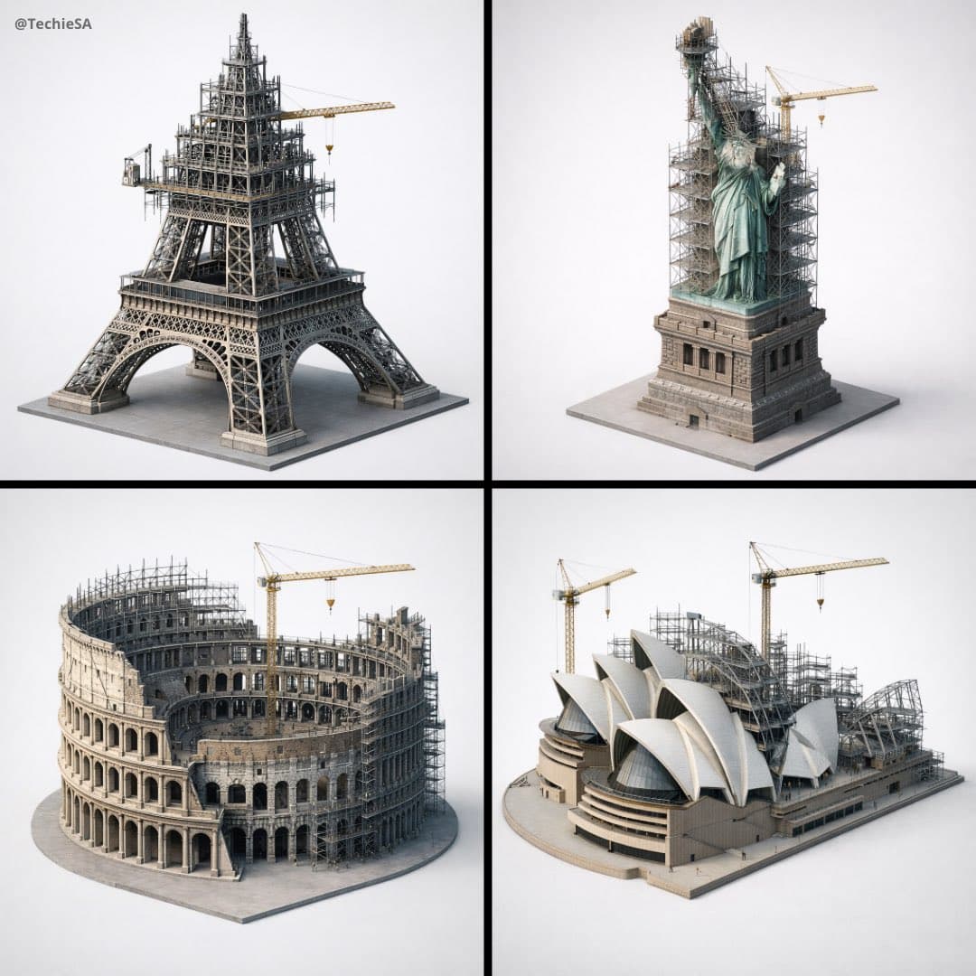 Depict [LANDMARK] frozen in an eternal state of construct...