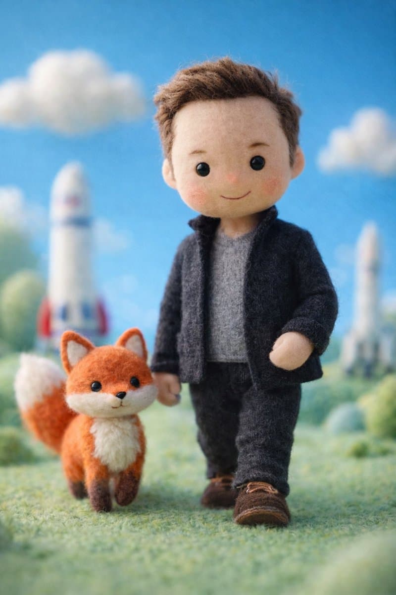 A handcrafted felt miniature illustration of [Celebrity] rei...