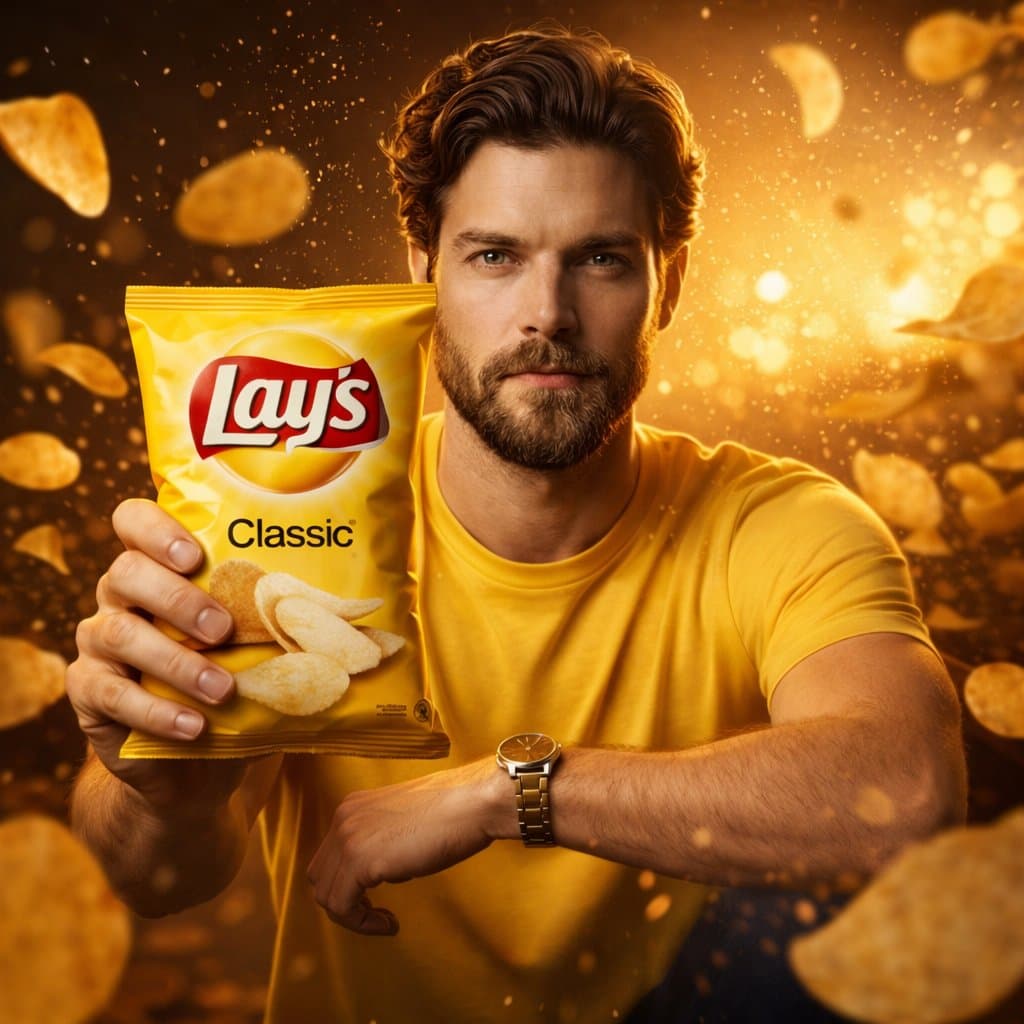 A cinematic, ultra-realistic advertising shot of a man holdi...
