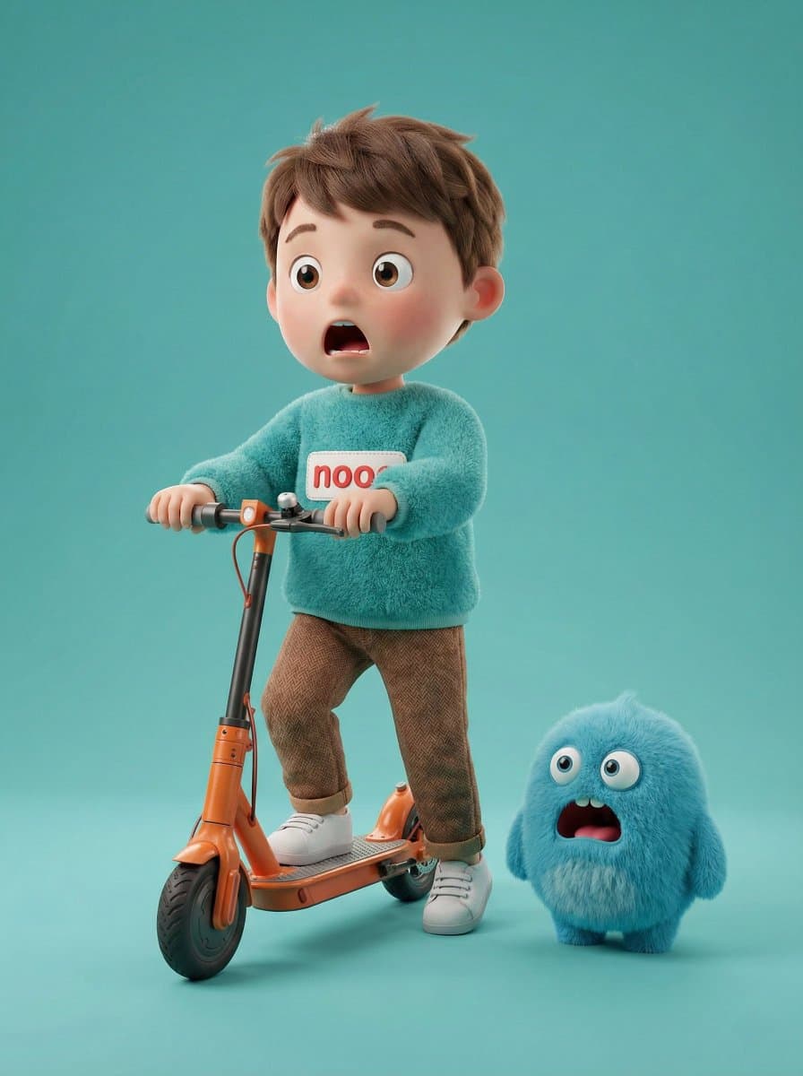 A high-quality 3D render of a cute young boy riding an orang...