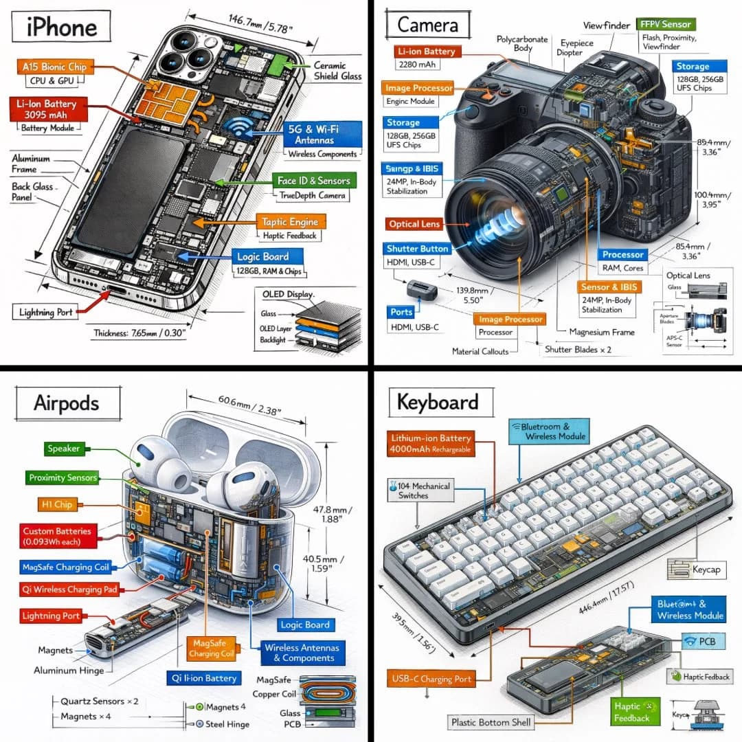 Create a technical infographic of [OBJECT] with a 45-degree ...
