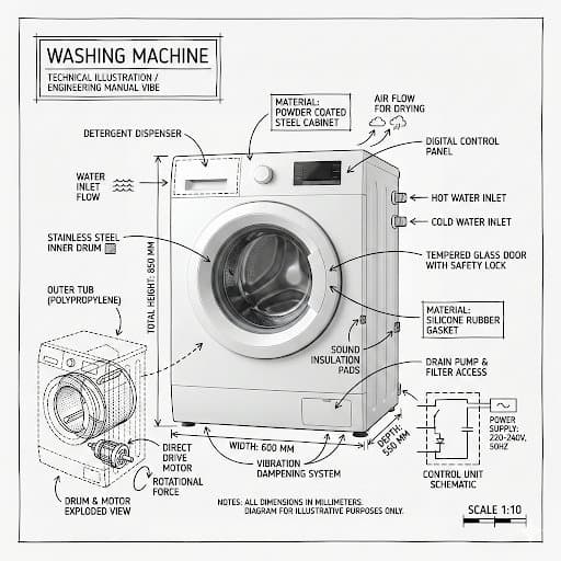 Create an infographic image of [washing machine], combini...