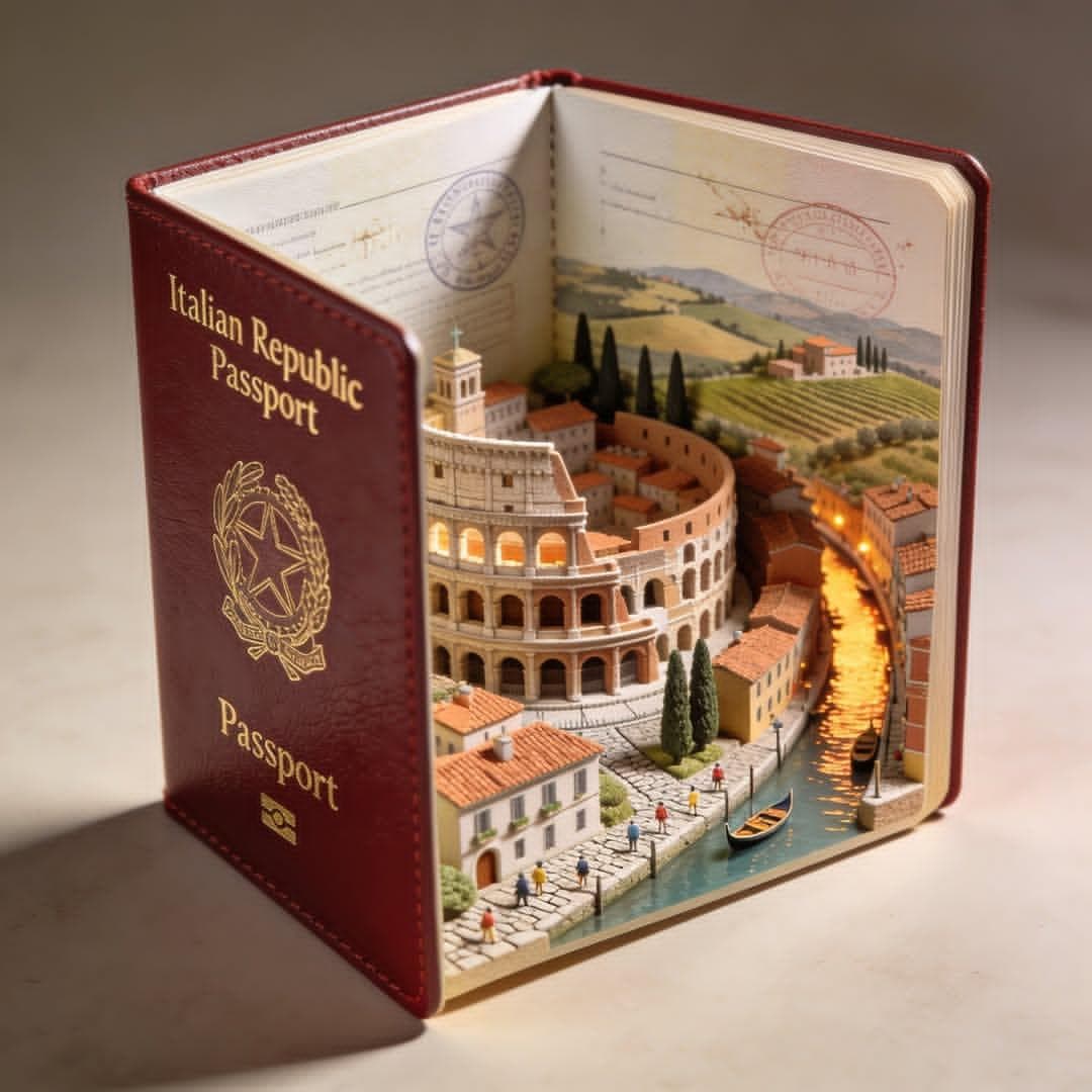 Hyper-realistic open [COUNTRY] passport on a studio surface,...