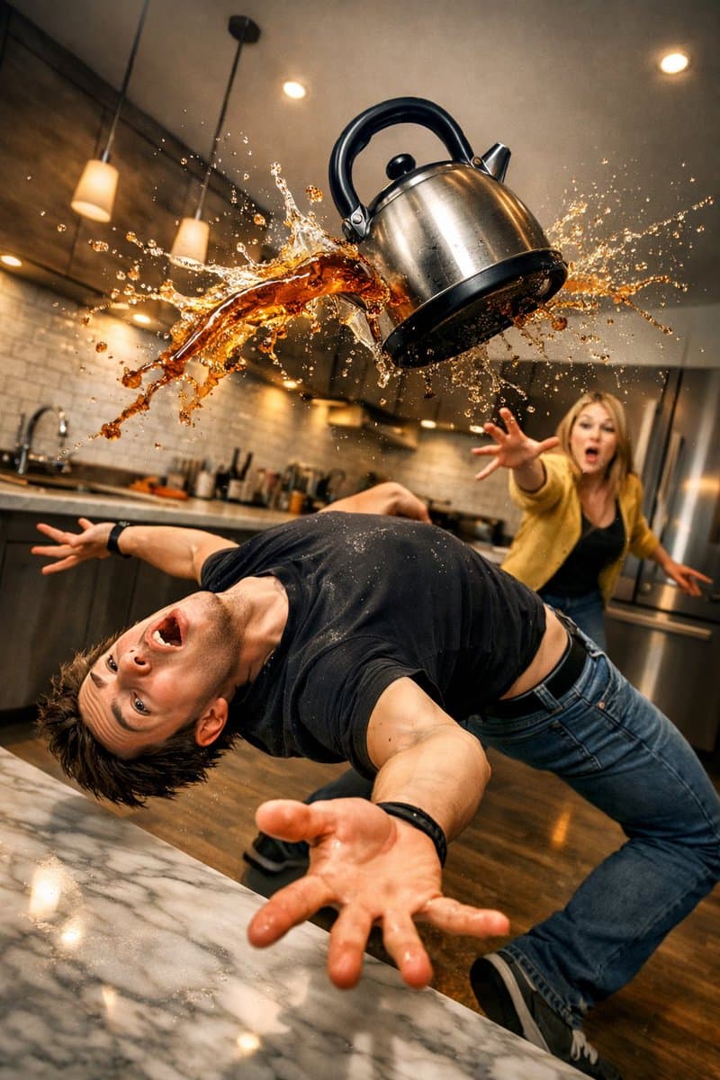 Surreal comedic scene inside a modern kitchen: a young man b...