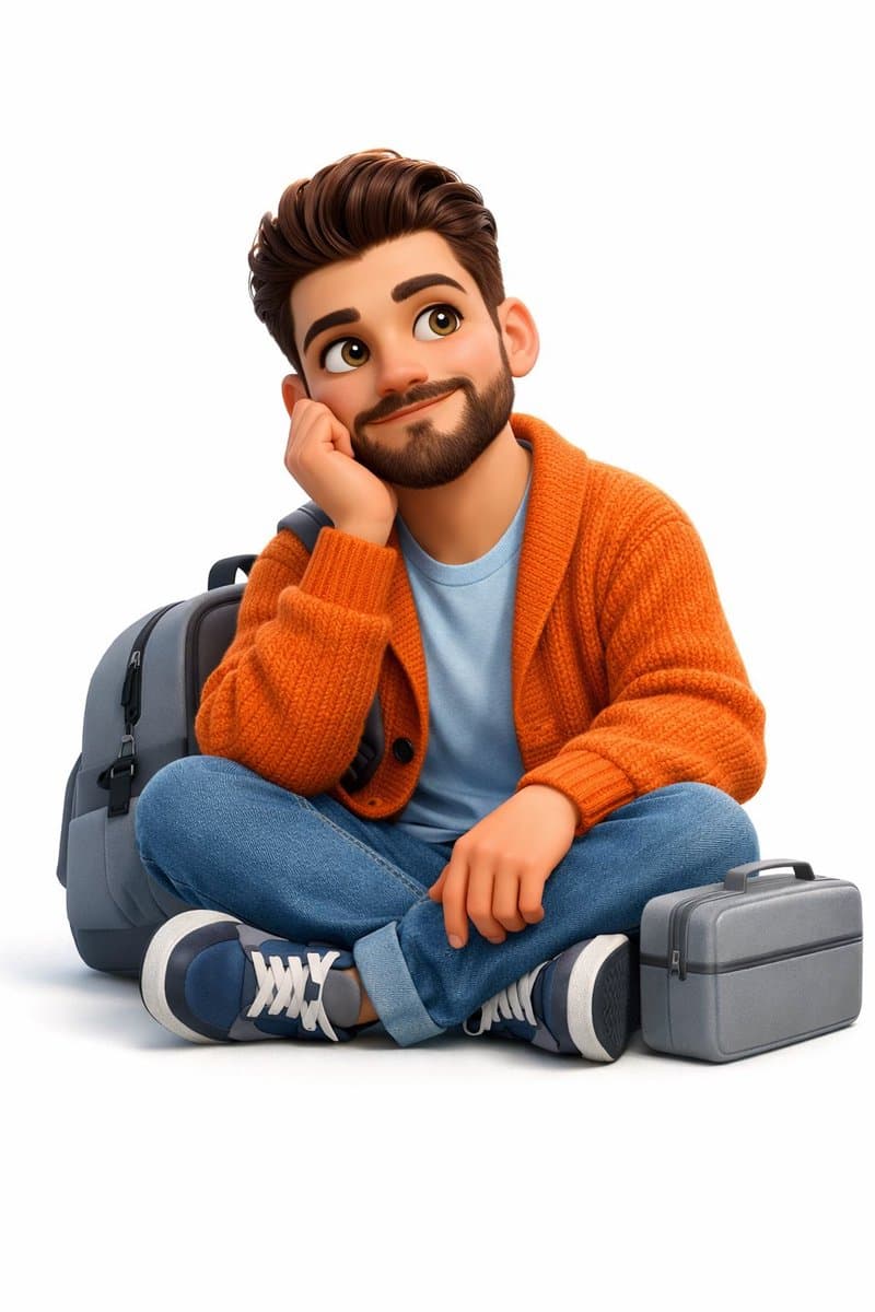 create a A 3D, Pixar-style animated young man sits cross-...
