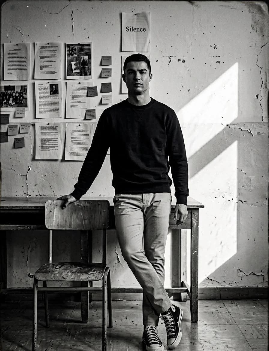 Create a high-contrast black and white portrait in a quiet c...