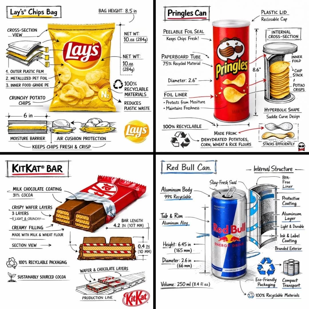 Create a branded technical infographic of a [SNACK], comb...