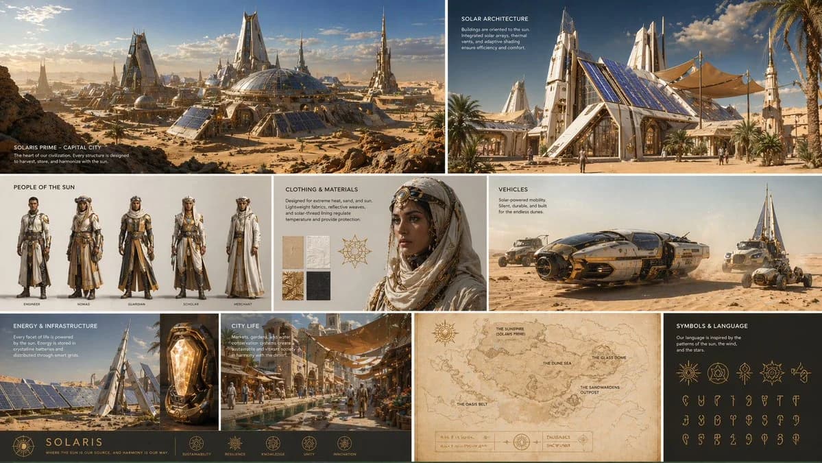 Create a complete visual worldbuilding set for a futuristic ...