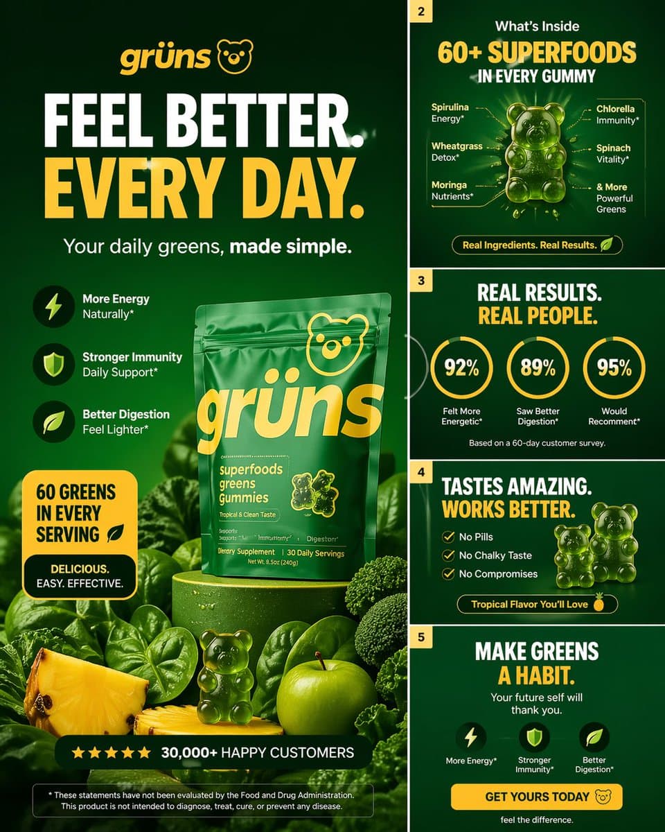 Create a high-converting carousel image for Grüns (greens gu...
