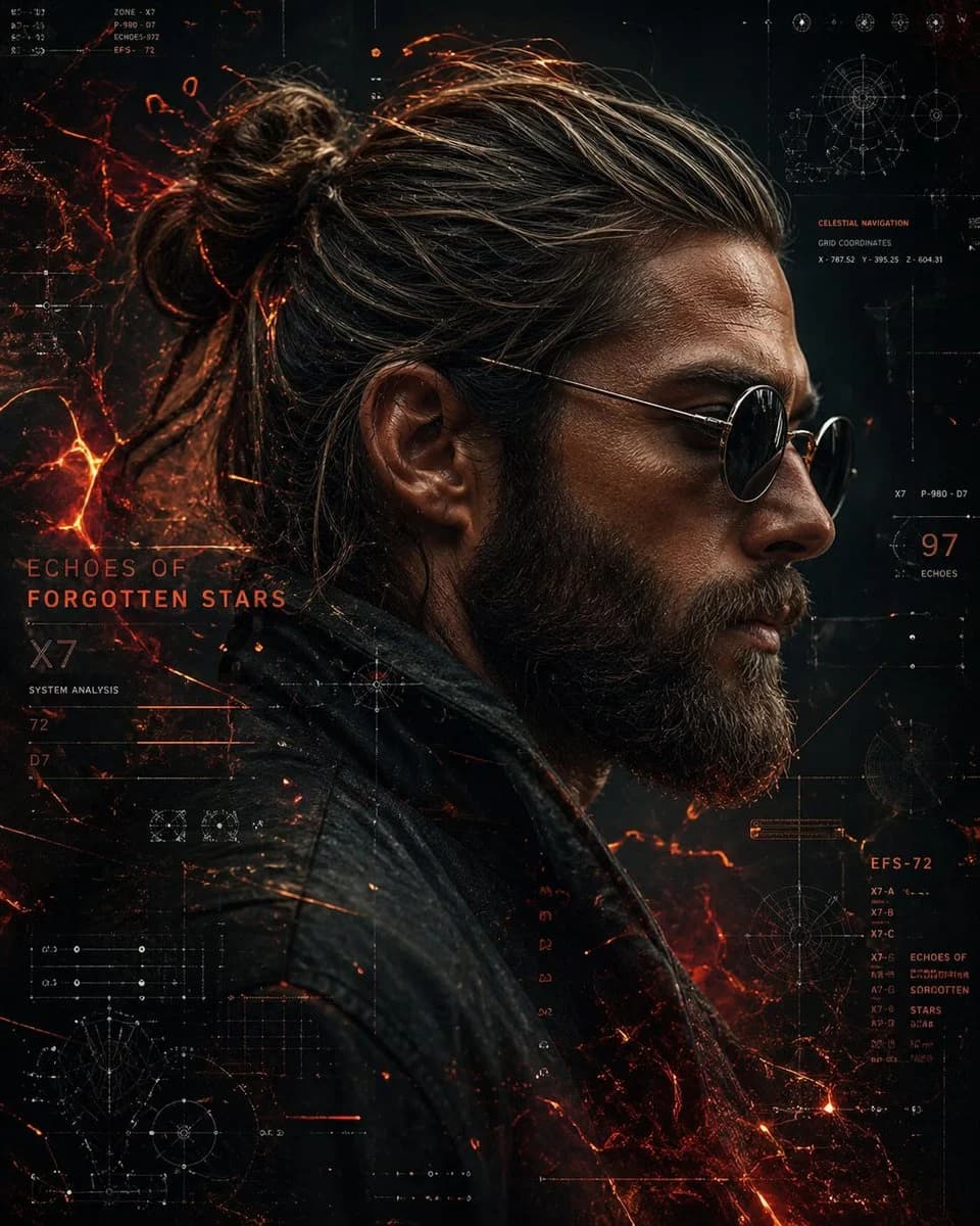 A cinematic side-profile portrait of a rugged man with a tie...