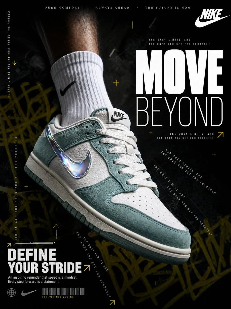 A hyperrealistic Nike sneaker advertisement shot in a dar...