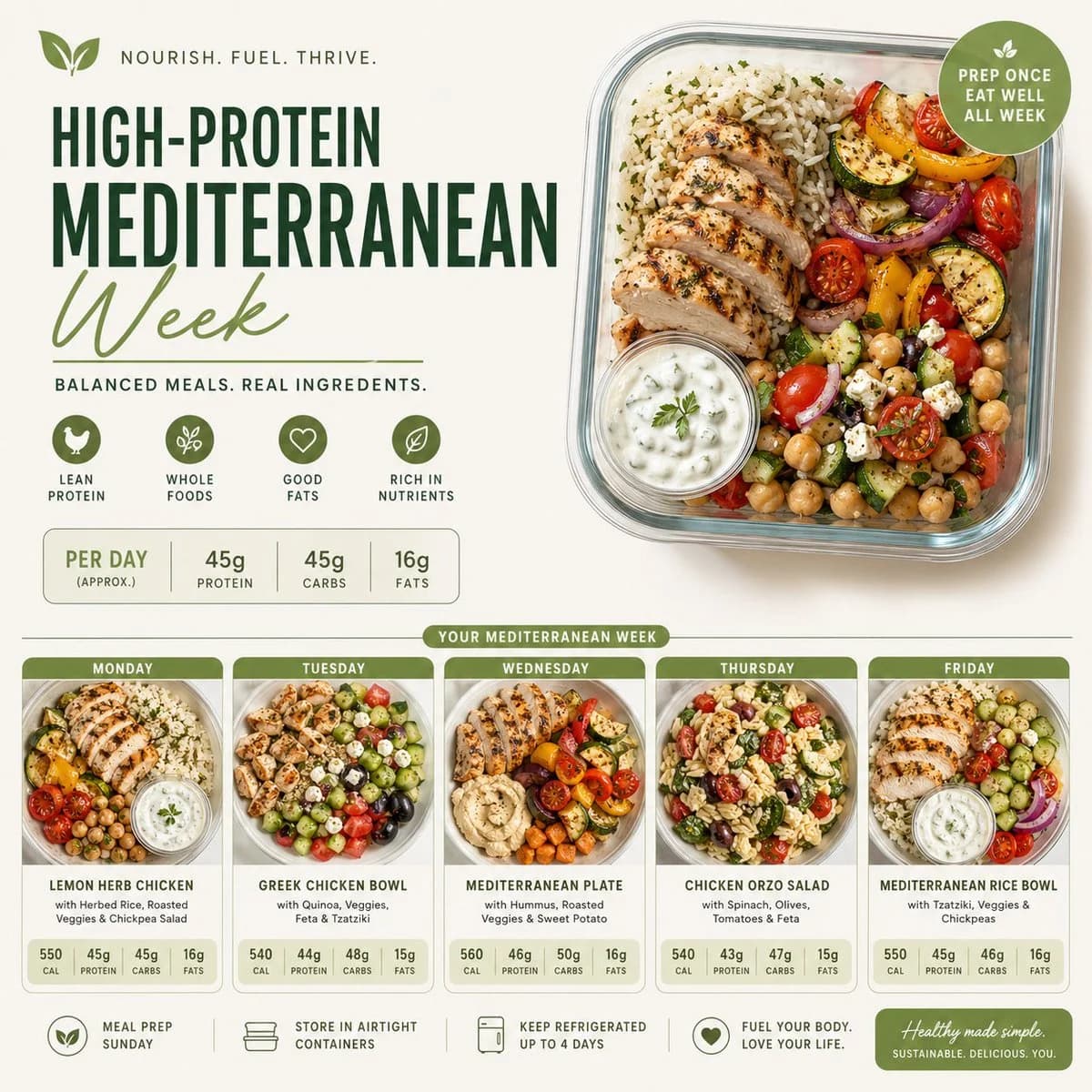 Clean  appetizing meal prep layouts