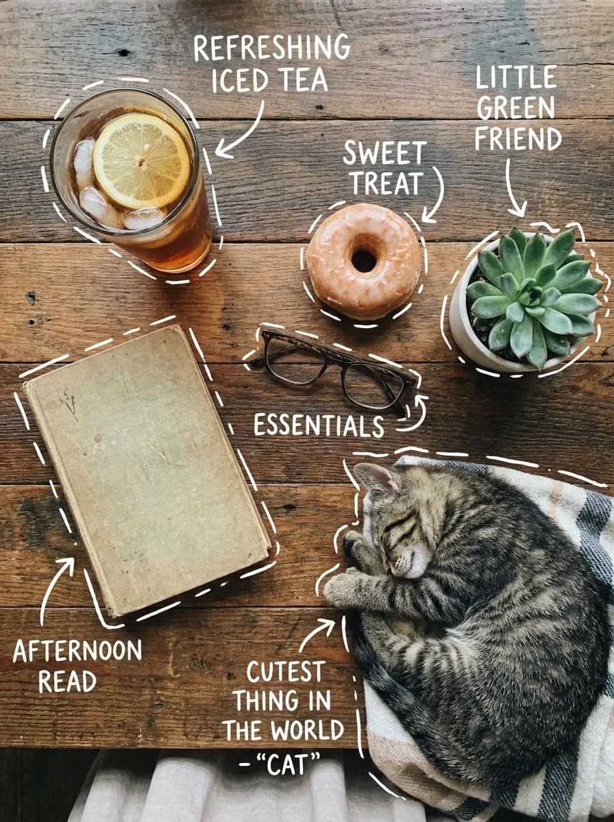 Top-down flat lay on a rustic wooden table, cozy aesthetic, ...