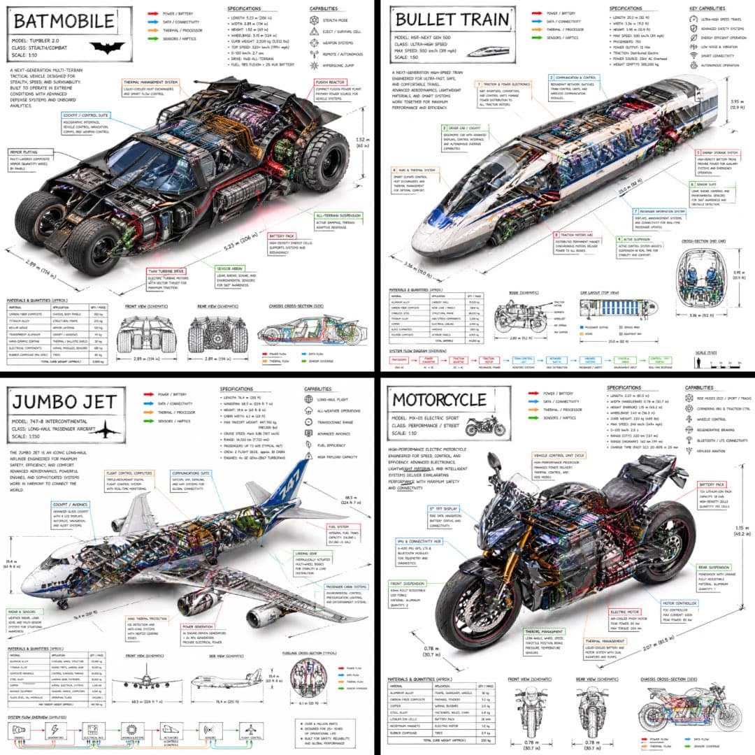 Create a technical infographic of [VEHICLE] with a 45-deg...